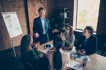 Sticker - Close up photo business people he him his she her partners marketing charts table office together income earnings money clapping boss chief great training course coacher dressed suits formalwear