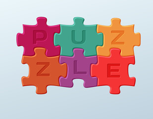 6 Bright colorful puzzle pieces vector illustration. 2 x 3 jigsaw game outline picture