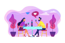 Happy Couple In Love On Romantic Date Sitting At Table And Drinking Wine, Tiny People. Romantic Date, Romantic Relationship, Love Story Concept. Bright Vibrant Violet Vector Isolated Illustration