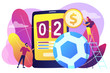 Tiny people, businessman betting on football and bookmaker at big smartphone with score. Sports betting, bookmaker market, sports wagering concept. Bright vibrant violet vector isolated illustration