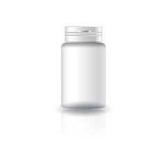 Wall Mural - Blank white cylinder supplements, medicine bottle with cap lid for beauty or healthy product. Isolated on white background with reflection shadow. Ready to use for package design. Vector illustration.