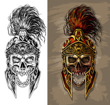 Detailed Graphic Realistic Human Skull In Ancient Metal Ornate Warrior Helmet With Golden Lion Face. On Gray Background. Vector Icon Set.