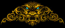 Graphic Detailed Decorative Golden Lion Head With Ornate. On Black Background. Vector Icon.