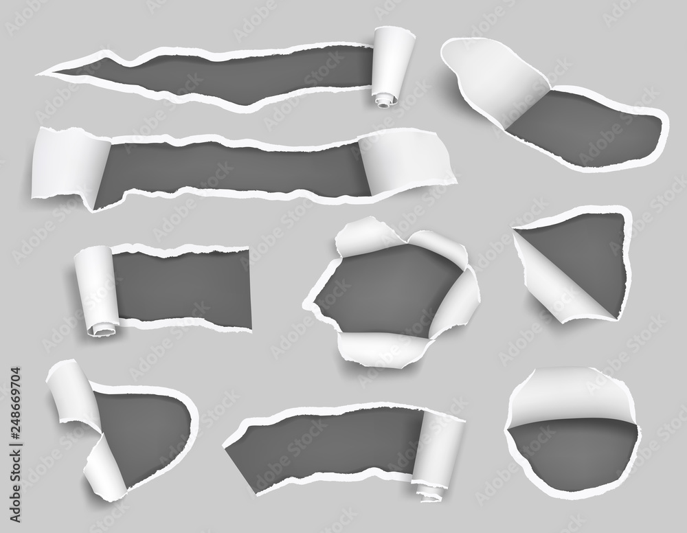 White paper ripped. Empty blank pages holes craft teared bullet ...