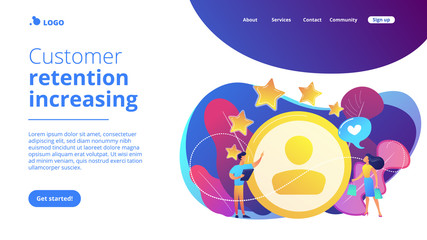 Poster - Marketer measuring customer satisfaction and rating stars. Satisfaction and loyalty analysis, customer retention increasing, marketing tools concept. Website vibrant violet landing web page template.