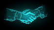 Abstract virtual Hand shake the circle interface on green cyberspace background with low-poly, polygon and triangle. Wireframe light connection structure vector