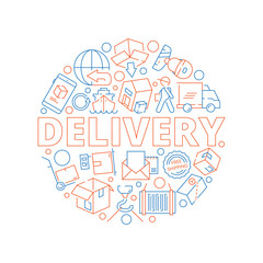 Wall Mural - Logistic concept. Global delivery cargo service shipment thin line vector icon in circle shape. Illustration of delivery logistic, loading and delivering service