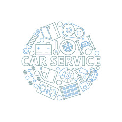 Sticker - Car service background. Mechanical automobile parts in circle shape starter engine gear garage vector thin symbols Illustration of automobile service badge with icons tools and spare part