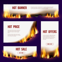 Banners Flame. Advertizing Template With Fire Tongue Burning Sales Vector Design Project With Text. Fire Hot And Burn Card For Sale Illustration