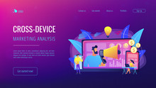Marketer Delivering Ads With Megaphone And Devices. Cross-device Marketing, Cross-device Marketing Analysis And Strategy Concept On White Background. Website Vibrant Violet Landing Web Page Template.