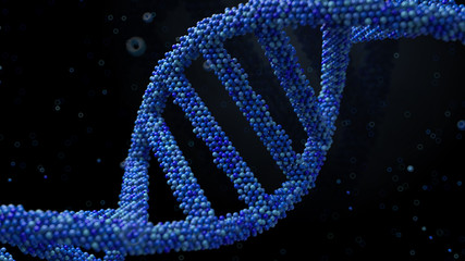 Poster - 3d render abstract background with dna shape made of a lot of small particles. render with depth of 