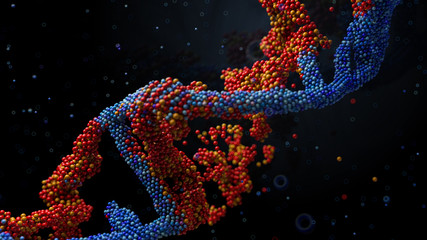 Poster - 3d render abstract background with dna shape made of a lot of small particles. dna destruction by in