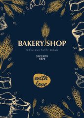 Bakery background with wheats. Linear graphic. Bread banner collection. Bread house. Vector illustration