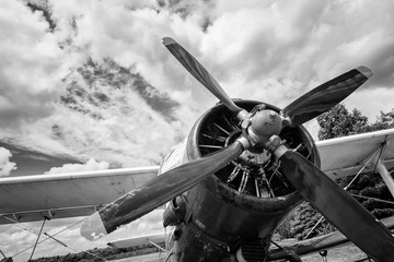 Fototapete - Close up of old airplane in black and white