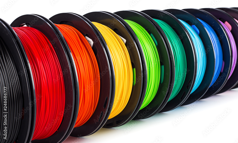 colorful bright wide panorama row of spool 3d printer filament - obrazy, fototapety, plakaty 