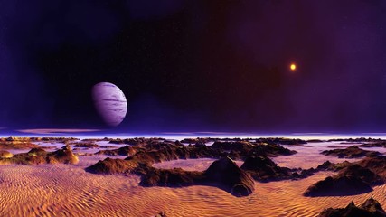 Wall Mural - Blue Moon Over Desert Planet. In the dark starry sky big blue planet and a bright orange sun. Clouds are floating slowly. Dark mountains stand among desert sands. On the horizon a blue fog. 