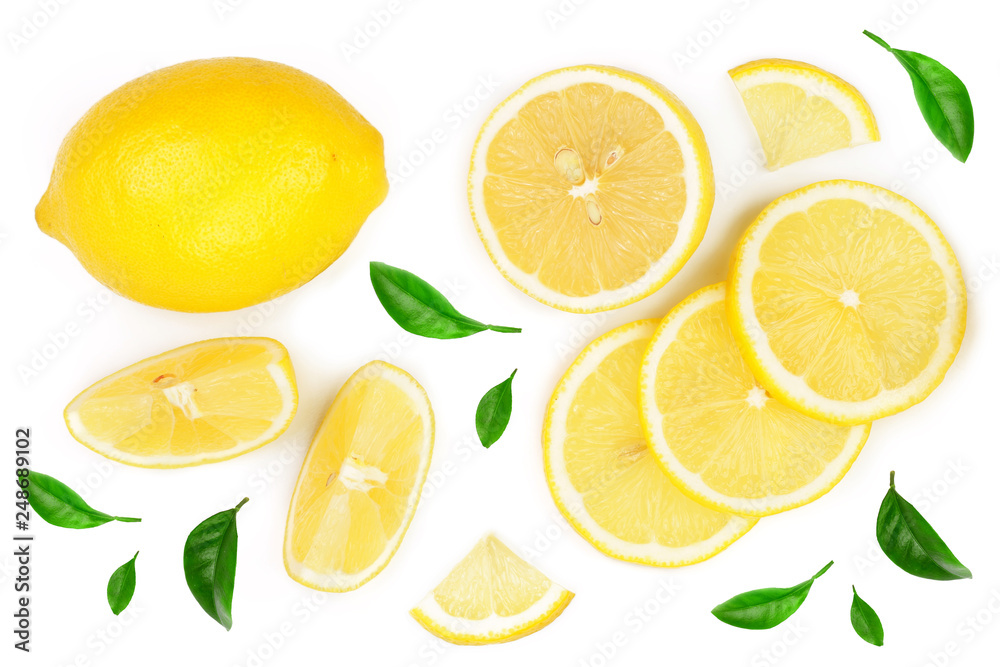 lemon and slices with leaf isolated on white background. Flat lay, top view - obrazy, fototapety, plakaty 