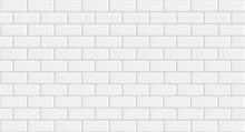 White Rectangle Mosaic Tiles Texture  Background. Classic White Metro Tile. Long Wide Picture.