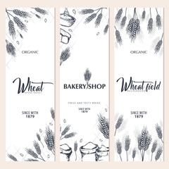 Set of Bakery backgrounds with wheats. Linear graphic. Bread banner collection. Bread house. Vector illustration