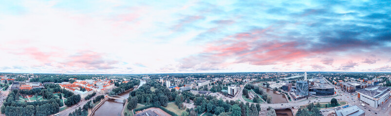 Sticker - Tartu, Estonia. Panoramic aerial view at summer sunset