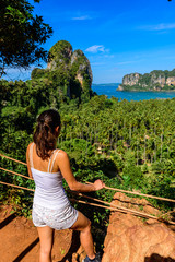 Wall Mural - Beautiful view on Railay west beach from view point. Tropical beach with karst rock formations on the paradise coast - Railay, Krabi, Thailand.