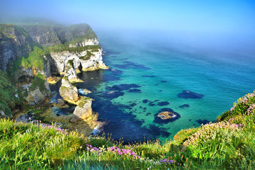 beautiful coastline of white cliffs from the magheracross viewpoint, causeway coast, northern irelan