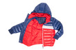 © Olga - Winter jacket isolated. A stylish blue and red warm down jacket with red lining for the kids is isolated on a white background. Childrens wear with hood for spring and autumn.