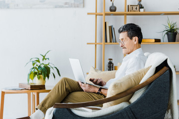senior man in glasses using laptop while sitting on sofa