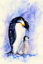 Two Royal Penguins- Adults And Young On A Blue Background. Picture Created With Watercolors.