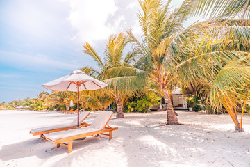 Romantic beach view, palm trees soft sunset light and two lounge chairs  with umbrella under palm leaves. Summer vacation and romantic couple getaway