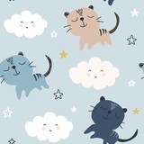 seamless pattern with cute clouds and cats. vector illustration,