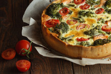 French Pie Quiche Or Quiche Lorraine - Traditional Open Pie With Salmon, Broccoli, Egg, Cheese, Tomato. Dark And Moody, Mystic Light Food Photo