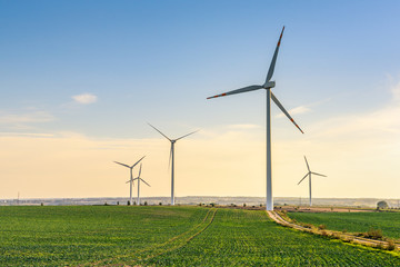 Windmills for electric power production surrounded by agricultural fields in Polish country side. Pomerania, Poland.