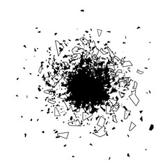 Wall Mural - Explosion Cloud of Black Pieces on White Background. Sharp Particles Randomly Fly in the Air.