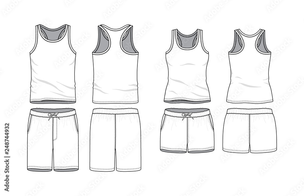 Blank male and female tank top and swimming shorts in front, back views. Clothing templates. Fashion set. Casual, sport style. Active wear. Vector illustration. Isolated on white. - obrazy, fototapety, plakaty 