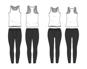 Wall Mural - Blank male and female tank top and jogging pants in front, back views. Clothing templates. Fashion set. Casual, sport style. Active wear. Vector illustration. Isolated on white.
