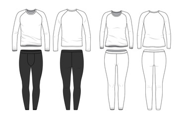 Wall Mural - Blank male and female round neck raglan tee and jogging pants in front, back views. Clothing templates. Fashion set. Casual, sport style. Active wear. Vector illustration. Isolated on white.