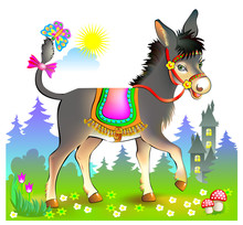 Fantasy Illustration For Kids With Cute Little Donkey Walking In Spring Meadow. Cover For Baby Book. Printable Vector Cartoon Image.