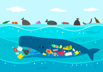 Ecological disaster of plastic garbage in the ocean. A large sperm whale eats plastic trash against a polluted sea.