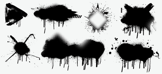 Fototapete - Abstract black spray on white background, Black splashes isolated on white background. Spray effect, exploding, black drops. Graffiti stencil template. Grunge effect, Isolated vector collection.
