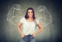 Strong Happy Young Woman Flexing Her Muscles
