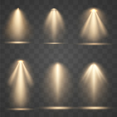 Wall Mural - set of golden scene illumination , transparent light effects. bright lighting with spotlights.