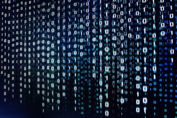 Aufkleber - computer data matrix. vertical digital binary code moving motion downward. light up blue one and zero text flowing down. black background space with multiple layers coding.