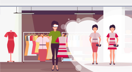 Poster - saleswoman holding dress wearing digital glasses virtual reality girls buyers headset vision concept female clothes shopping mall fashion boutique interior flat horizontal