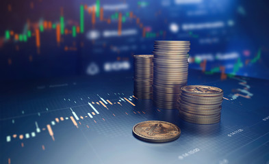 Poster - bitcoin coins and trading chart scene (3d illustration)