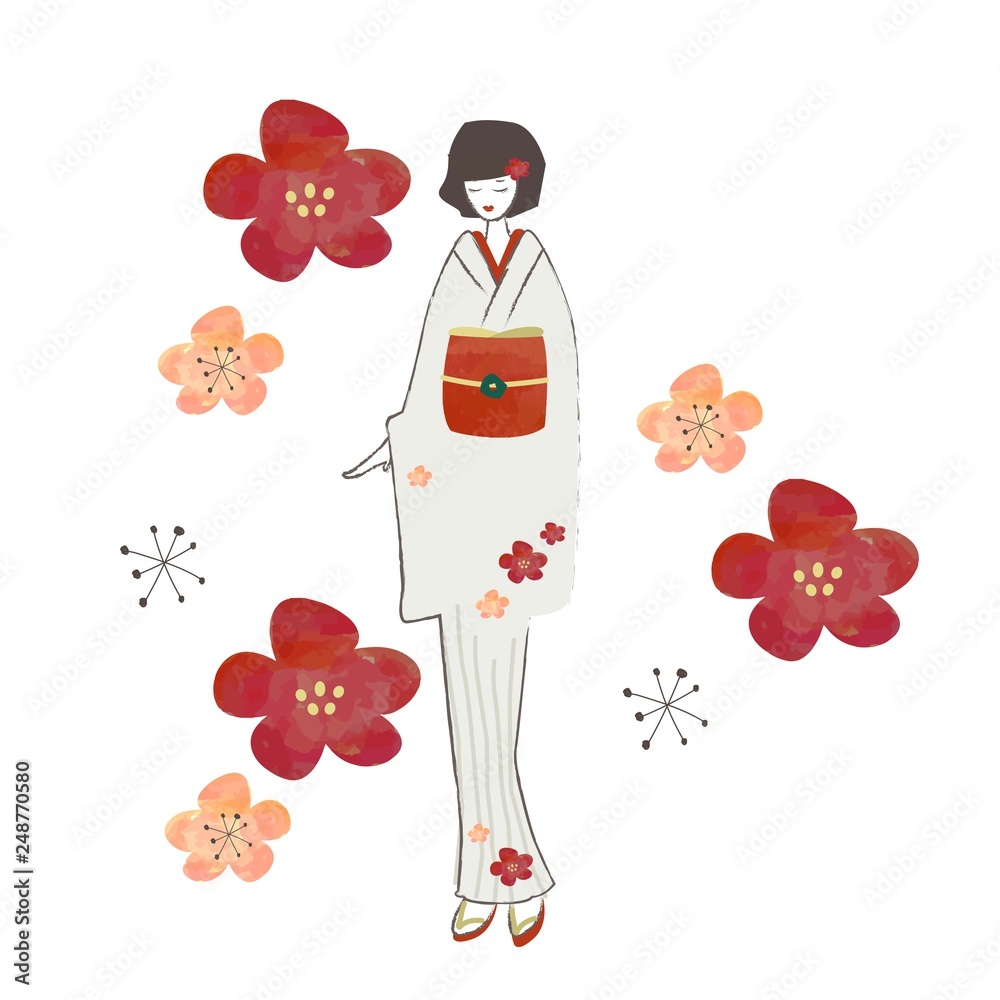 レトロモダン花柄の着物の女の子の水彩タッチ手描き風イラスト レトロモダン花柄の着物の女の子の水彩タッチ手描き風イラスト