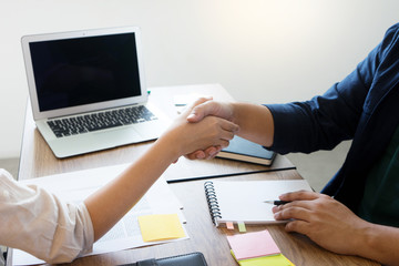 Poster - woman and man work for education or business on the table