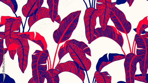 Tropical plants seamless pattern, Bird of paradise on light brown background,...