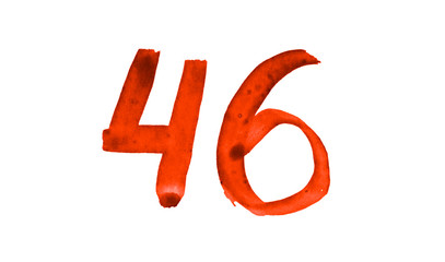 The number 46, painted with a brush in watercolor. Vintage symbol made by hand.