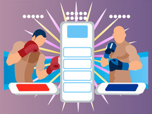 Two Participants In The Fight. The Presentation Of The Boxers. Scoreboard In Minimalist Style. Flat Isometric Vector